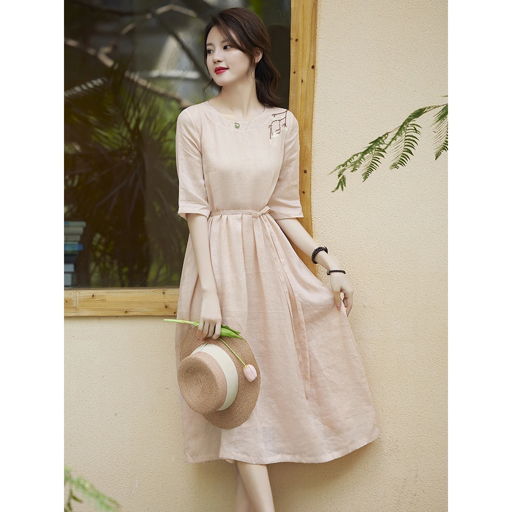 高支纯苎麻连衣裙2025新款女夏季气质文艺复古棉麻显瘦长裙子薄款