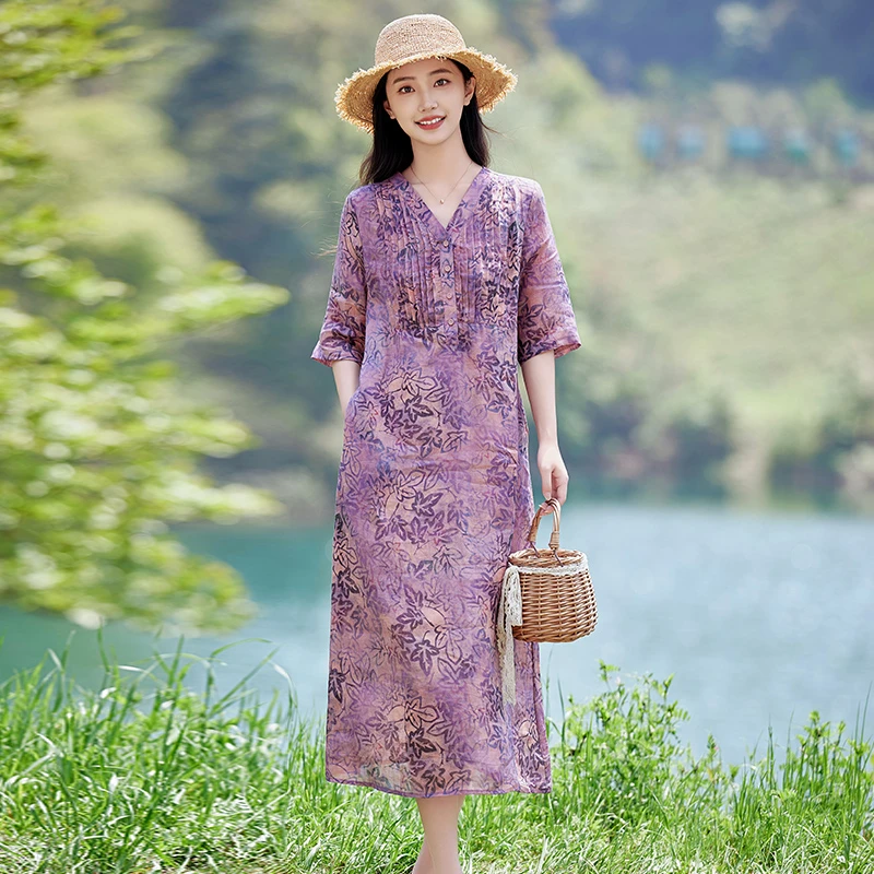 高端苎麻连衣裙大码女装2025新款夏季胖mm遮肉显瘦棉麻碎花裙薄款
