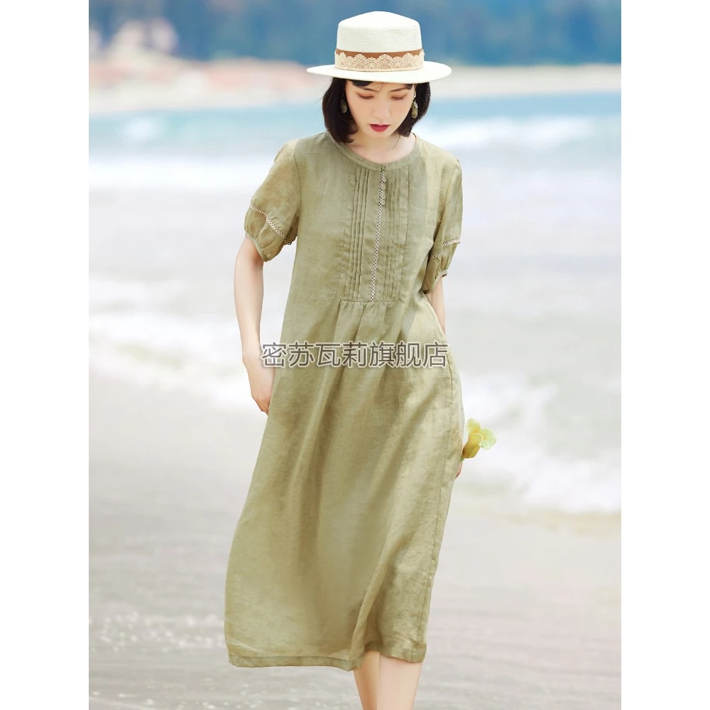原创纯色苎麻连衣裙高端薄款别致小个子长裙显高显瘦气质棉麻裙子