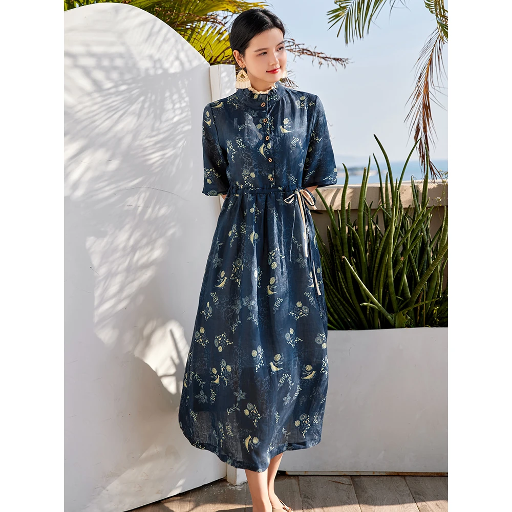 苎麻碎花连衣裙女高端春装2025年新款女洋气减龄棉麻衬衫裙子夏季