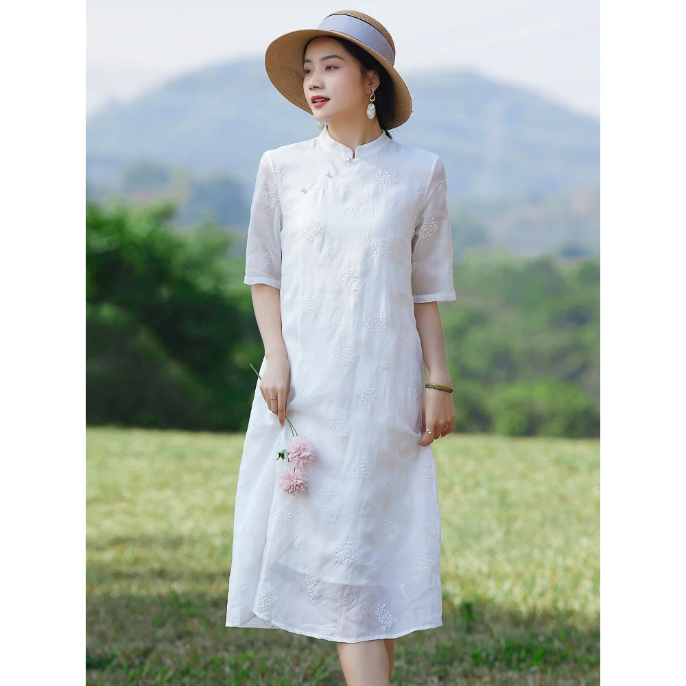 刺绣国风棉麻旗袍裙改良版2025年新款女春夏装高端苎麻白色连衣裙