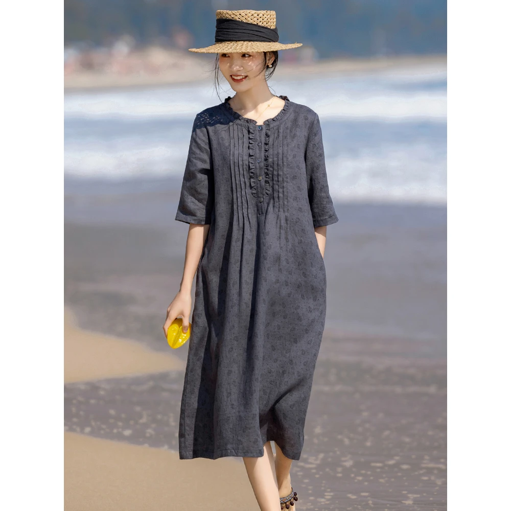 高端小个子亚麻碎花连衣裙2025新款女装夏季文艺复古棉麻显瘦裙子