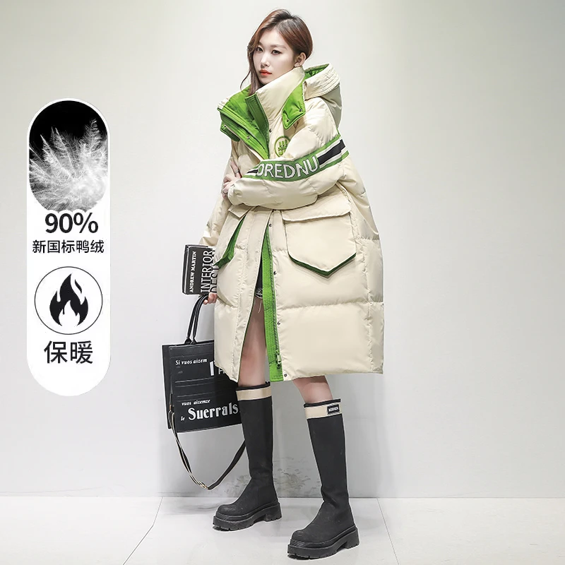 设计感拼色羽绒服女中长款冬季2025年新款时尚洋气加厚白鸭绒外套