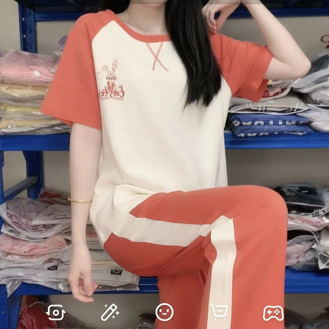 夏季新款女士AB色橘色短袖长裤家居服套装