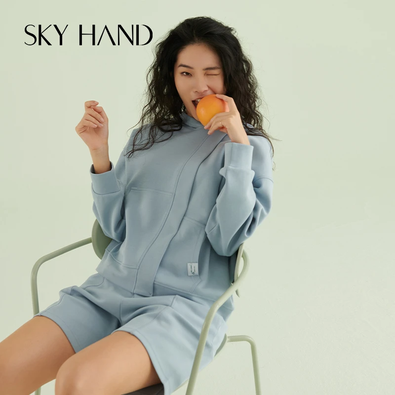 SKY HAND运动纯色卫衣女款春秋连帽宽松外套长袖休闲跑步套装
