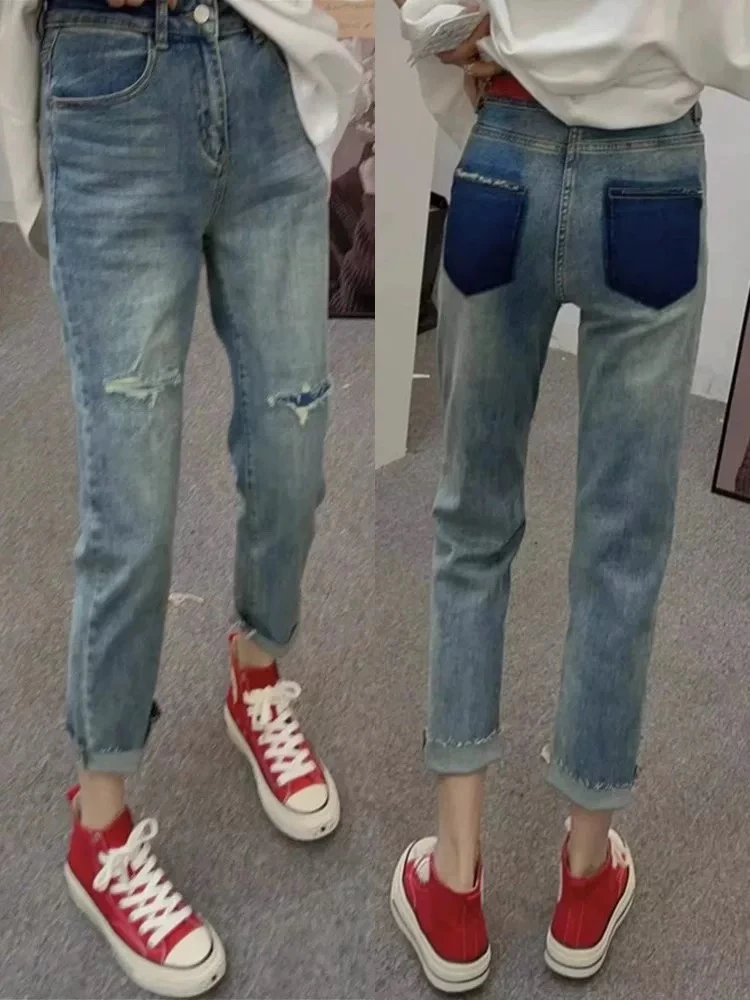 女装2024秋季新款高腰弹力牛仔裤显瘦破洞九分高腰烟管裤A45