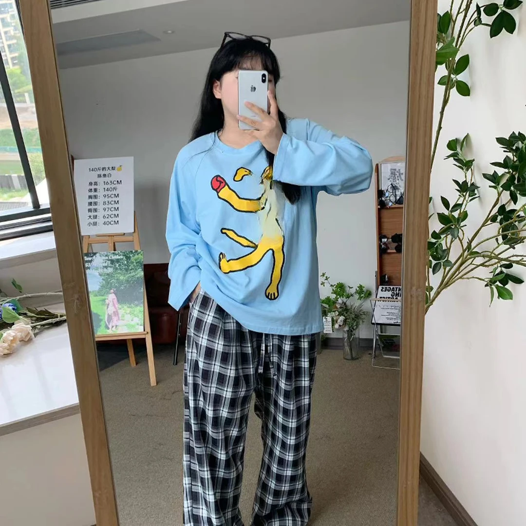 【清仓现货】37443-秋季新款胖MM宽松版印花长袖T恤陈鱼白