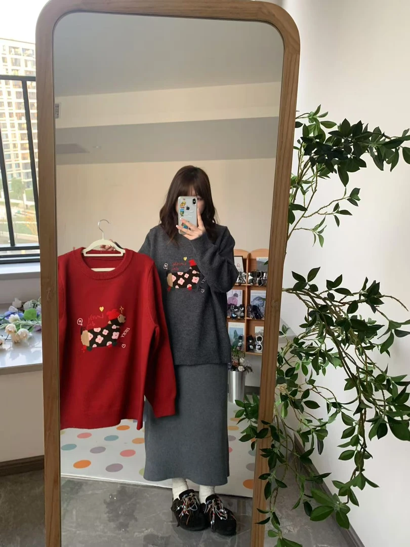 【鱼白专属】31999韩系慵懒风小狗图案两色套头秋冬新款大码毛衣