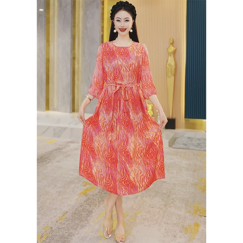 连衣裙女夏季气质洋气时尚女装印花收腰显瘦中长款裙子2521