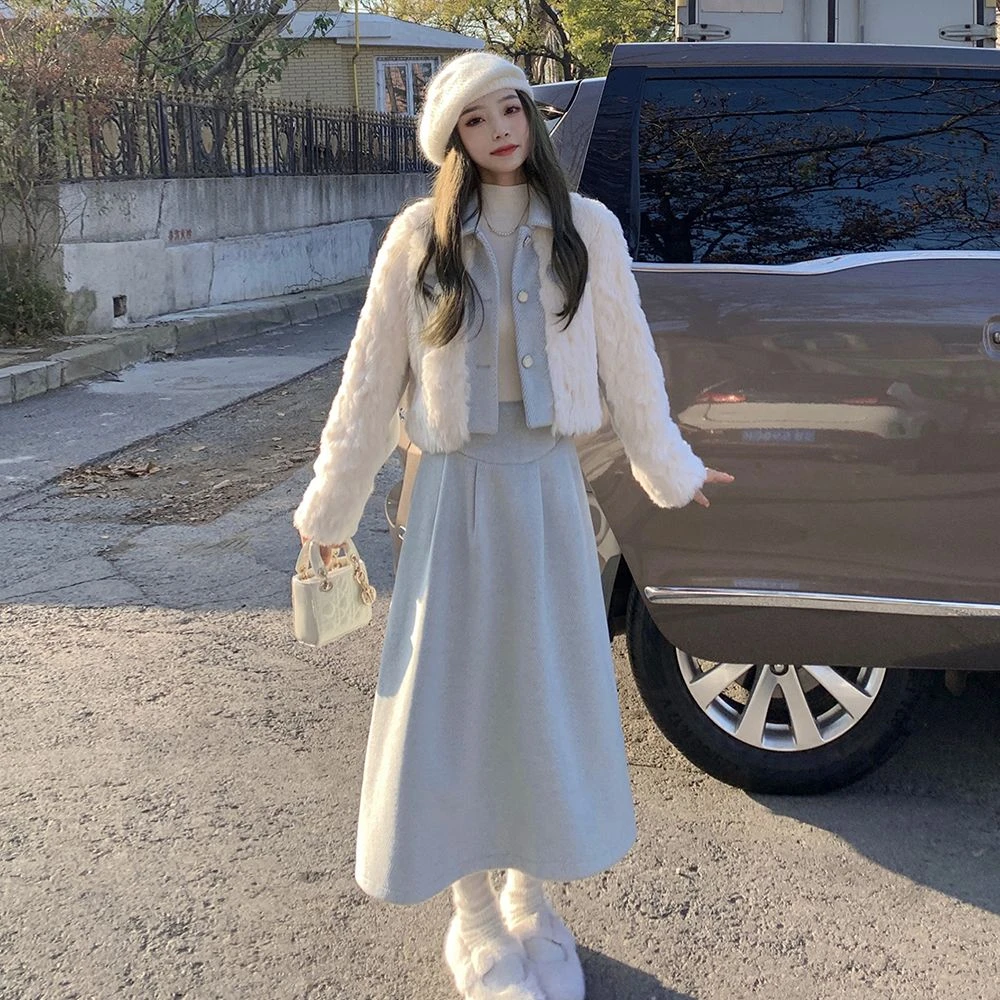 休闲风初雪毛毛拼接呢子套装冬季小香风套装女高腰小众设计感套装