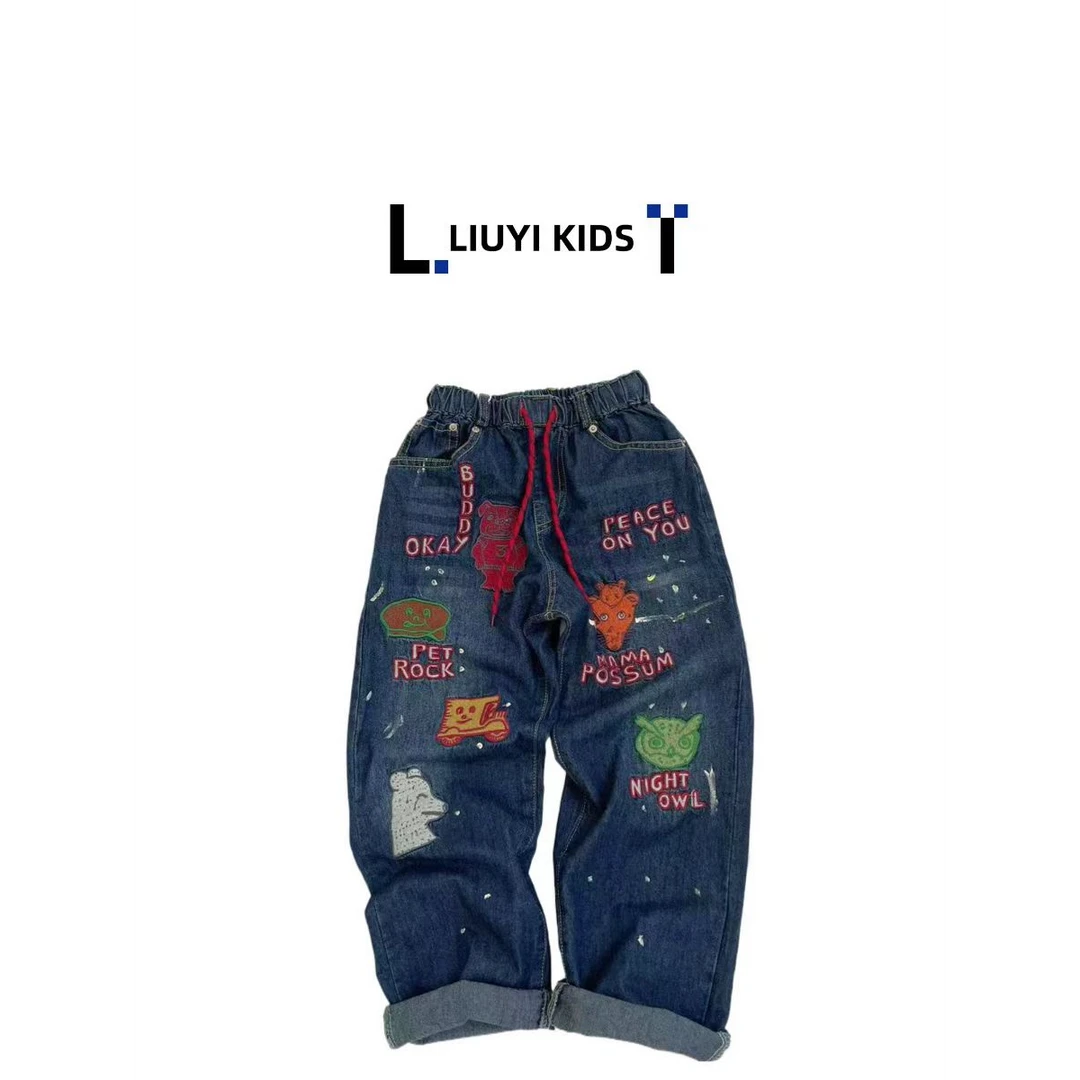 「LIUYI」1939儿童重工章仔动物牛仔裤时尚休闲百搭复古宽松潮流