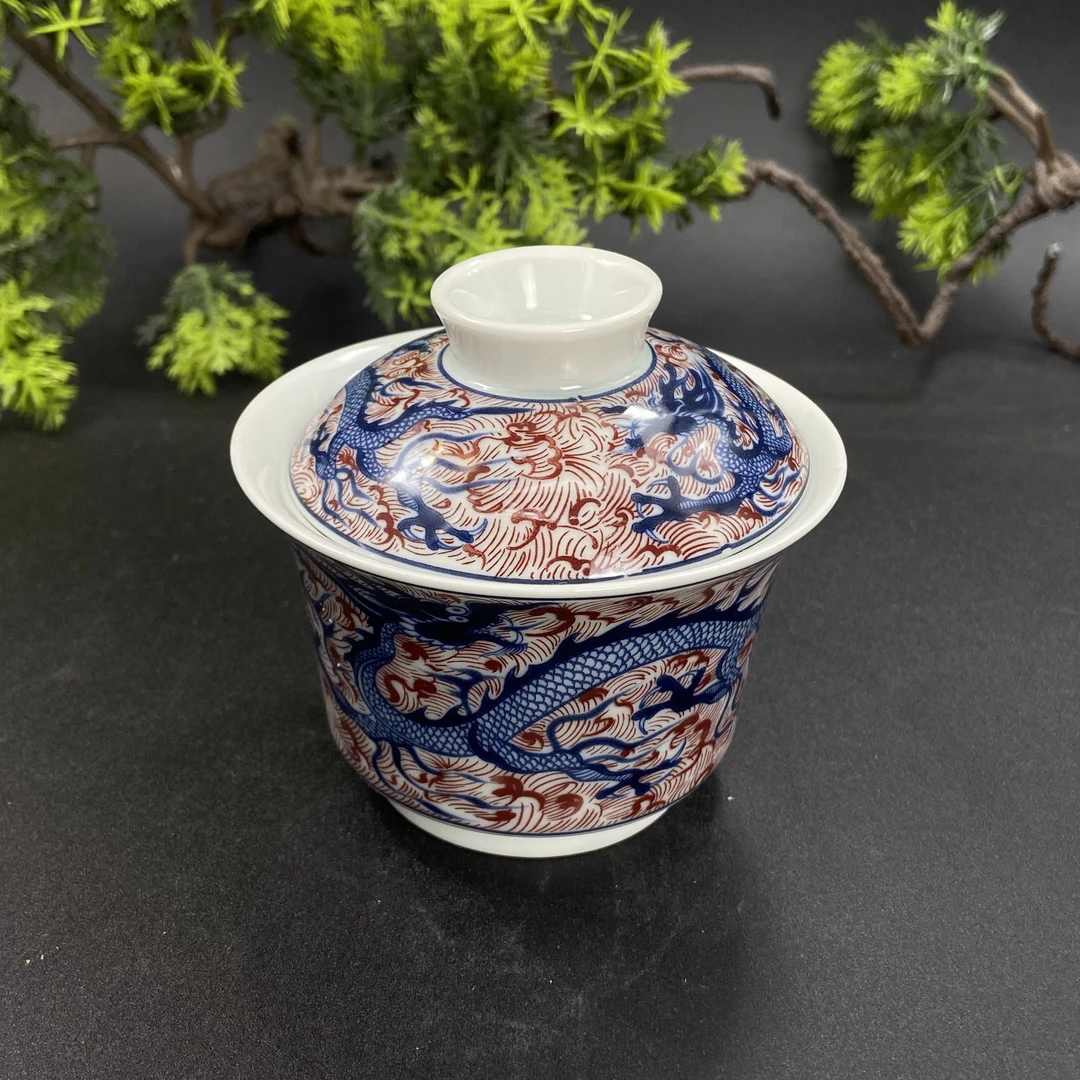 景德镇陶瓷茶具青花釉里红海水元龙陶瓷盖碗