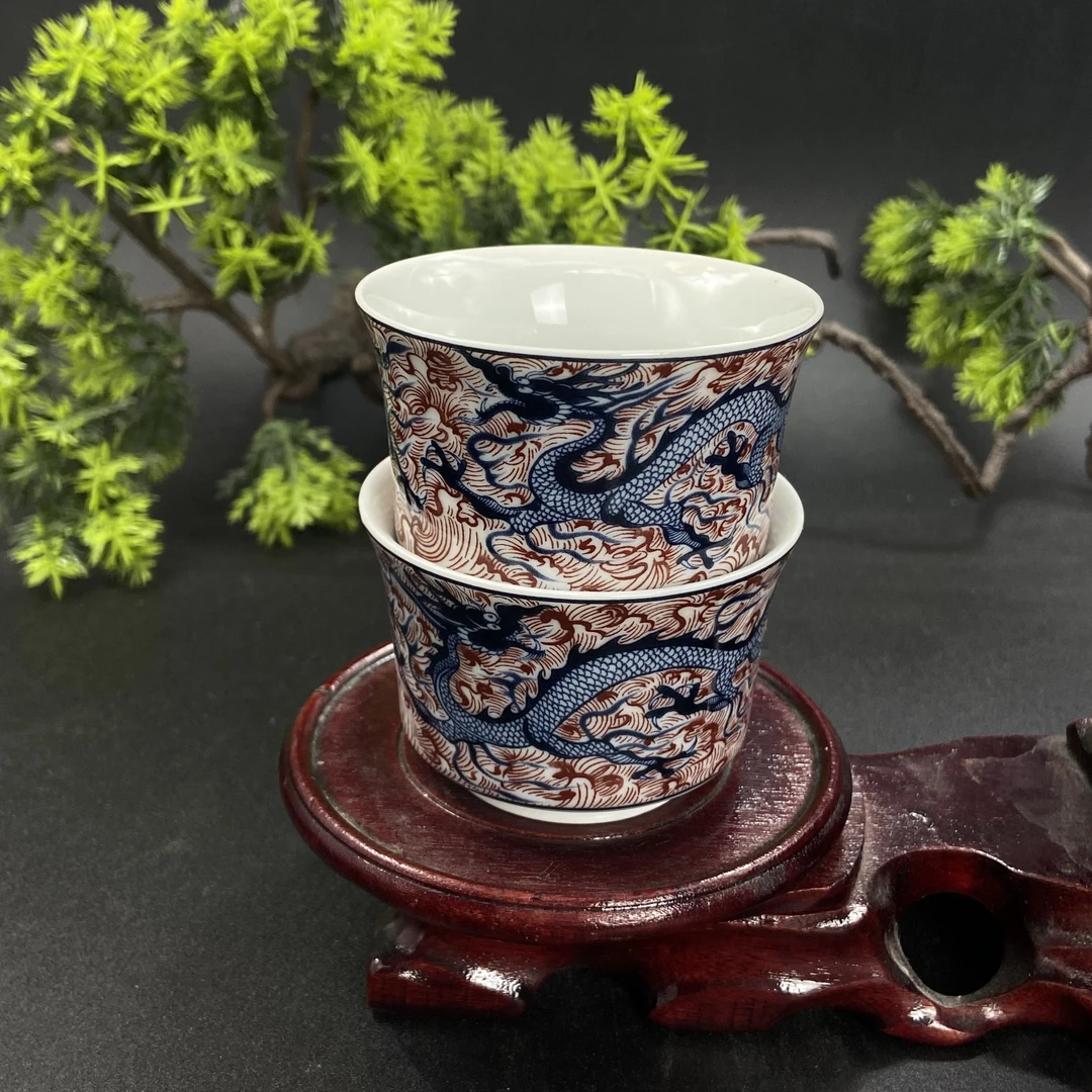 景德镇陶瓷茶具青花釉里红海水元龙陶瓷客杯两只装