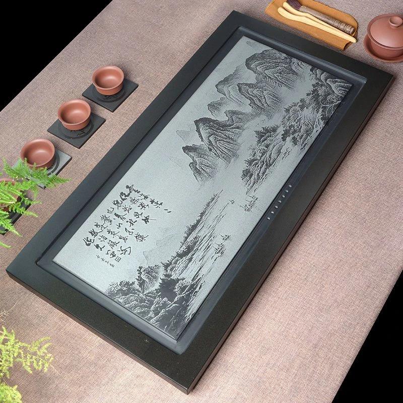 乌金石茶盘天然整块蒙古黑石头影雕小茶台家用长方形茶海大号功夫