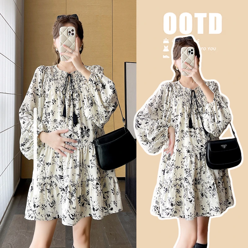 大码孕妇装碎花连衣裙春秋装韩版法式长袖雪纺裙子遮肚衬衫200斤