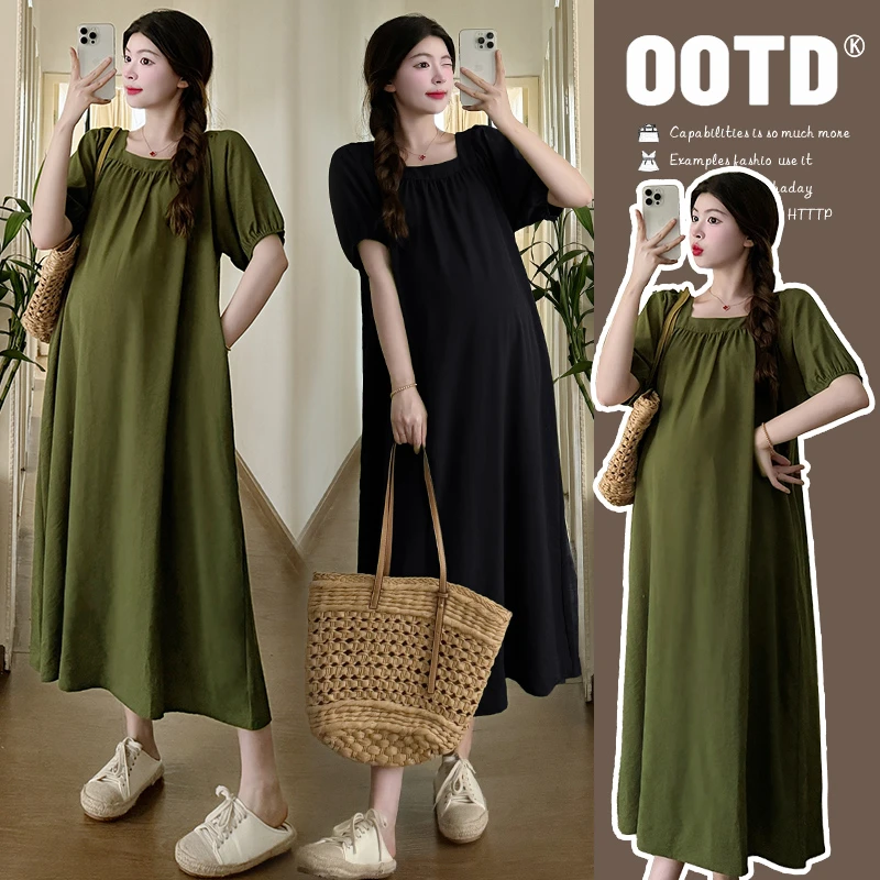 大码孕妇夏装短袖连衣裙方领棉麻宽松遮肚法式纯色长款T恤裙200斤