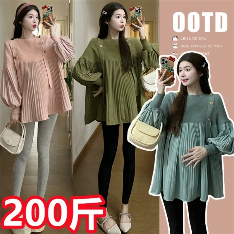 春秋孕妇装网红针织长袖连衣裙大码洋气百褶灯笼袖遮肚上衣200斤