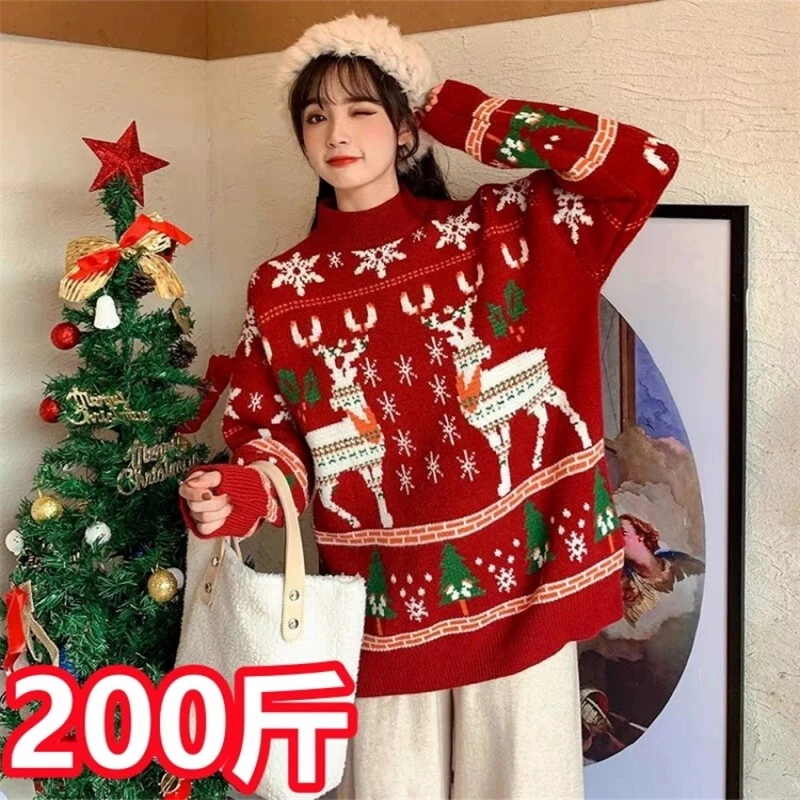 大码孕妇圣诞毛衣秋冬装宽松针织衫上衣复古显瘦打底衣200斤红色