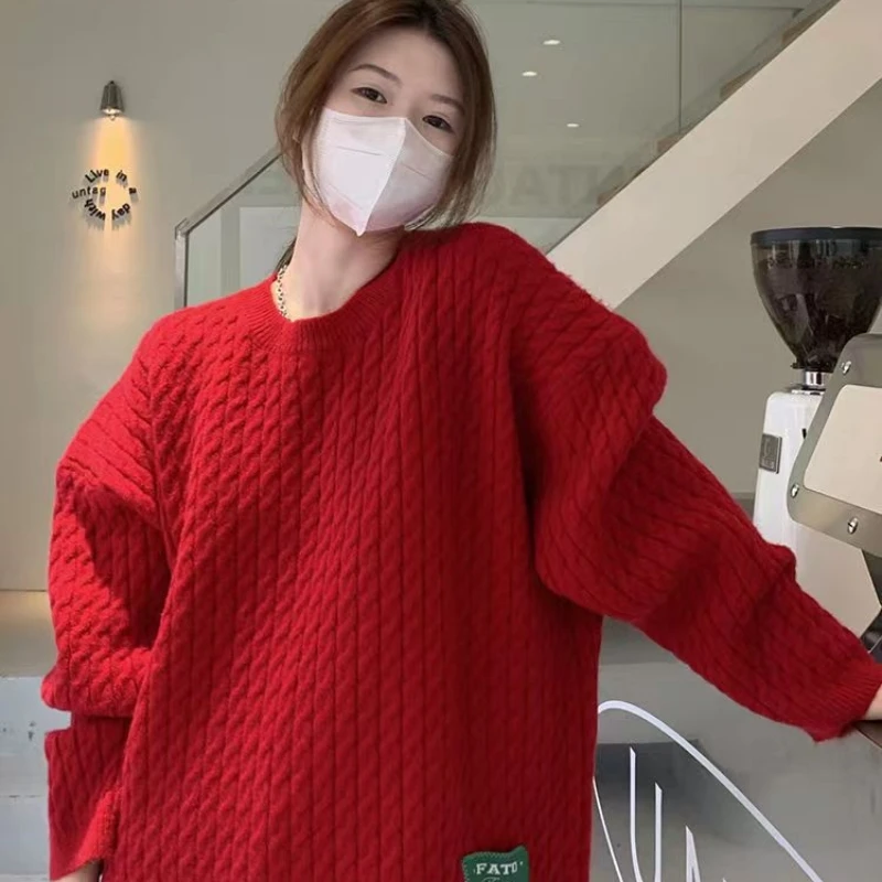 加大码孕妇装红色毛衣冬季时尚圣诞新年上衣宽松中长款打底200斤