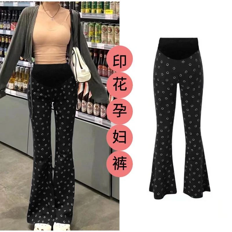 200斤孕妇微喇裤春秋装超大码笑脸印花喇叭裤宽松高腰显瘦长裤子