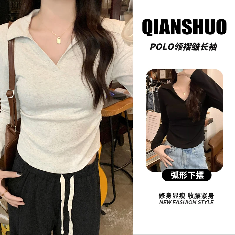 褶皱收腰t恤女秋季正肩polo领长袖V领纯色修身显瘦打底衫内搭上衣
