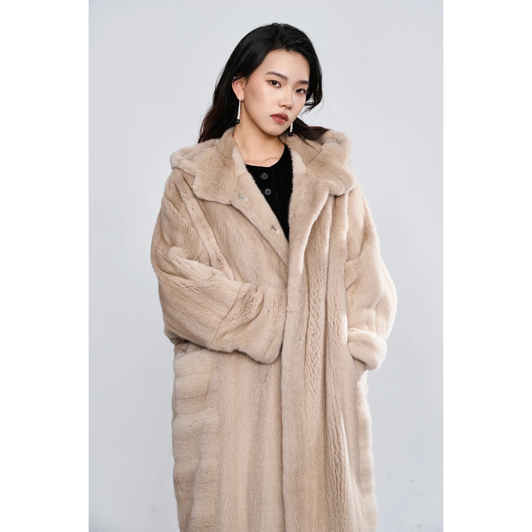 QC天鹅绒工艺连帽 休闲保暖长款水貂外套098