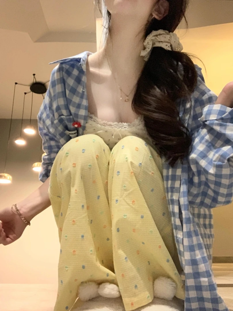 夏季多巴胺少女彩色波点睡裤女2024新款高腰裤遛弯裤家居服长裤子