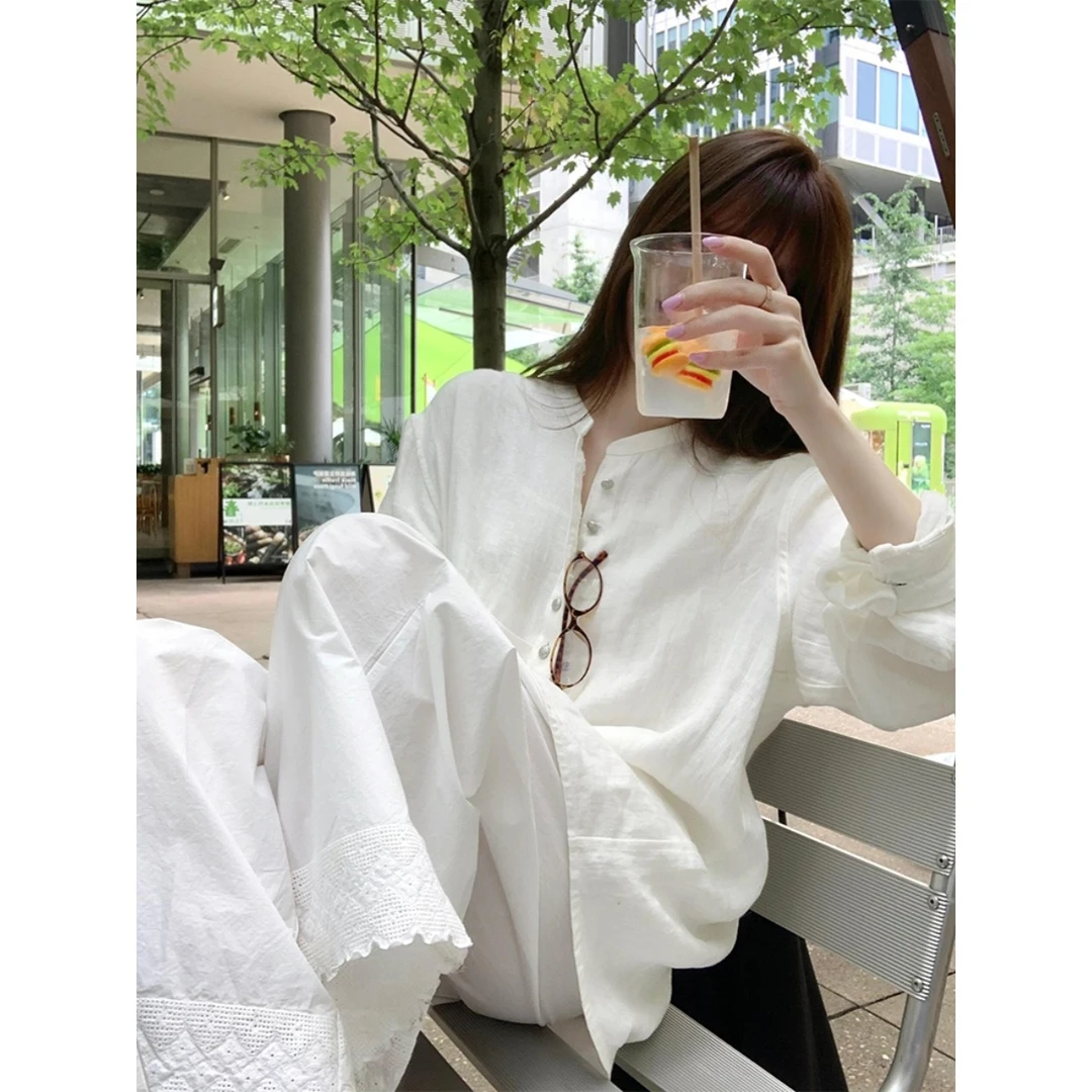 韩版高级感宽松纯棉长袖睡衣女白色气质开衫长裤家居套装可外穿