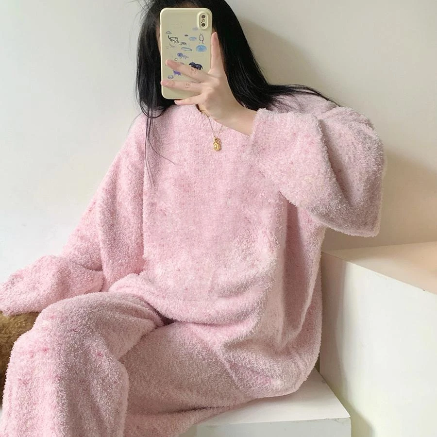 ins甜美纯色毛绒针织睡衣女秋冬季加绒加厚大码半边绒家居服套装