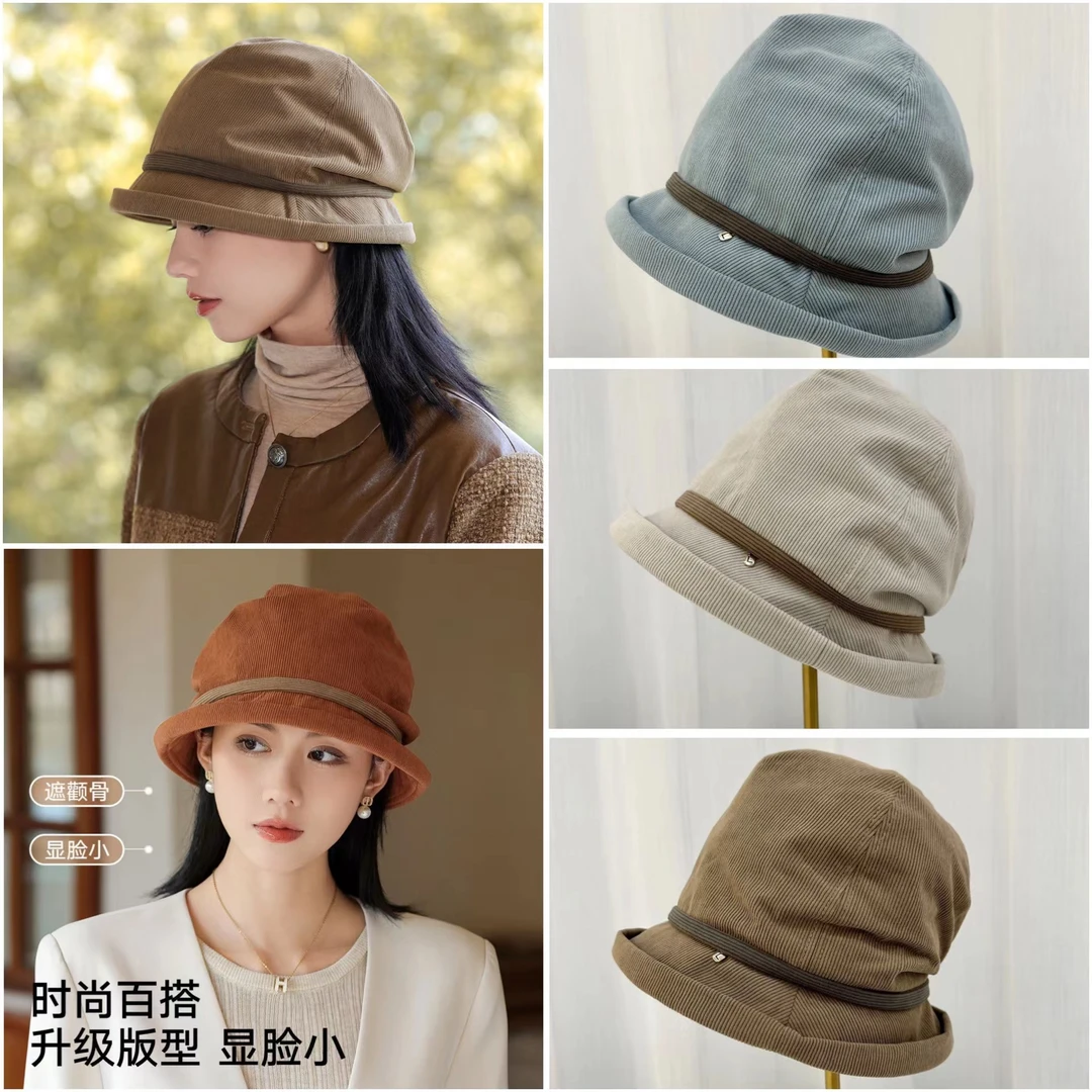 R--08LS16日系灯芯绒堆堆帽女秋冬新款复古休闲包头帽保暖帽子