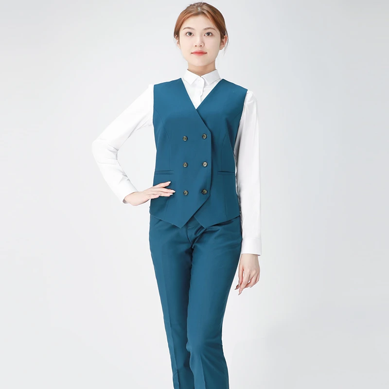 孔雀蓝西装马甲女无袖时尚马夹背心外搭法式斜襟双排扣西服上衣