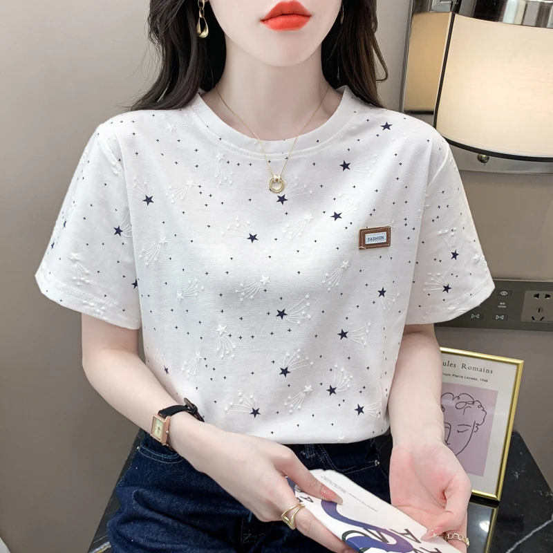 重工印花短袖t恤女棉质ins潮2025夏季新款女士宽松设计感夏装上衣