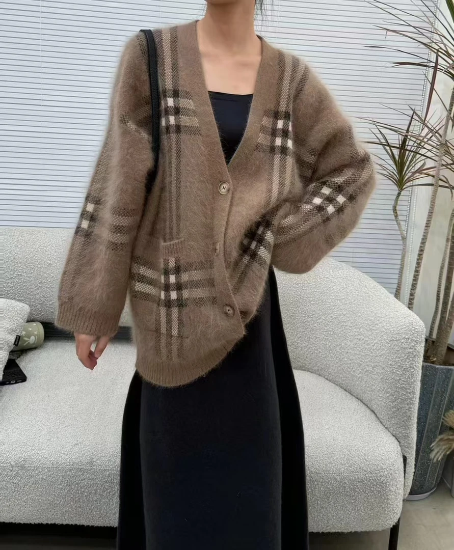 2024秋冬韩系格纹开衫毛衣外套女宽松慵懒风中长款百搭针织衫上衣