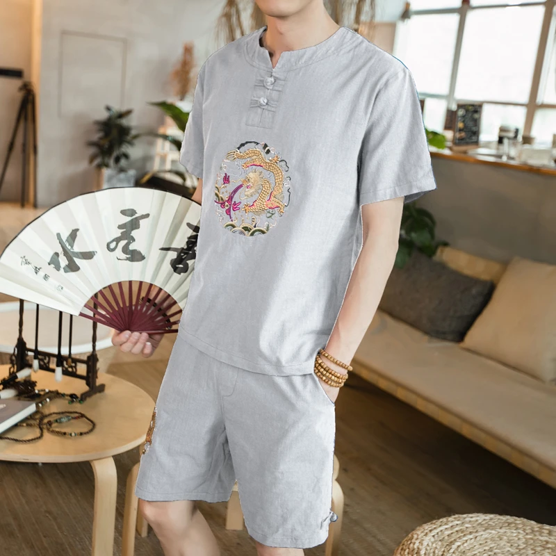 亚麻短袖t恤套装男士大码国风宽松唐装薄款夏季棉麻短裤两件套