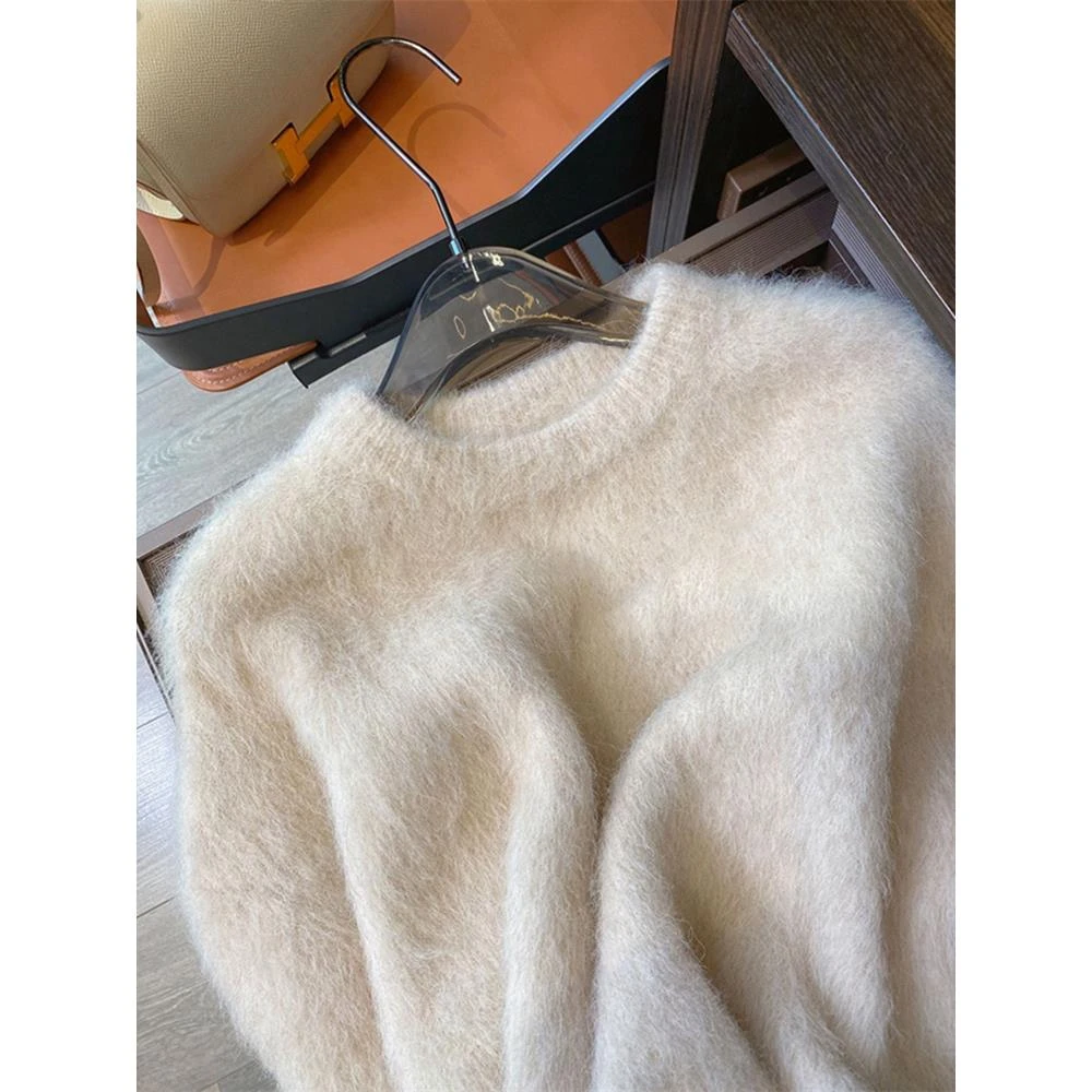 白色仿优质圆领毛衣女秋冬加厚宽松慵懒风软糯毛绒绒套头针织衫女