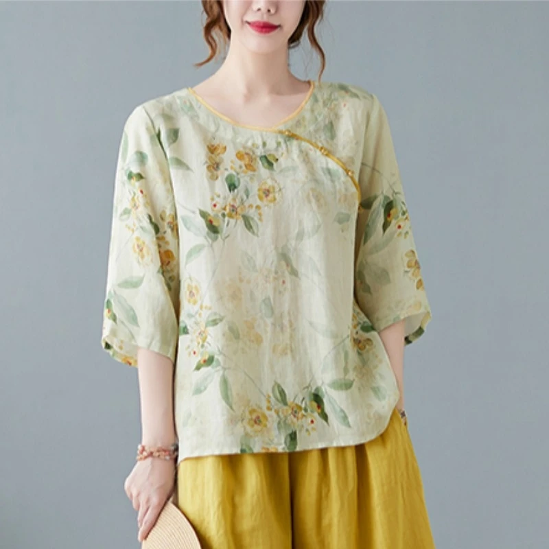 苎麻斜襟上衣女高端民族风复古棉麻小衫新款妈妈夏装显瘦亚麻t恤