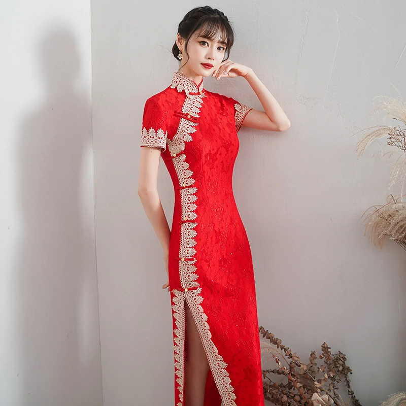 高端复古改良旗袍高贵优雅女神洋气质修身蕾丝红色连衣裙宴会礼服