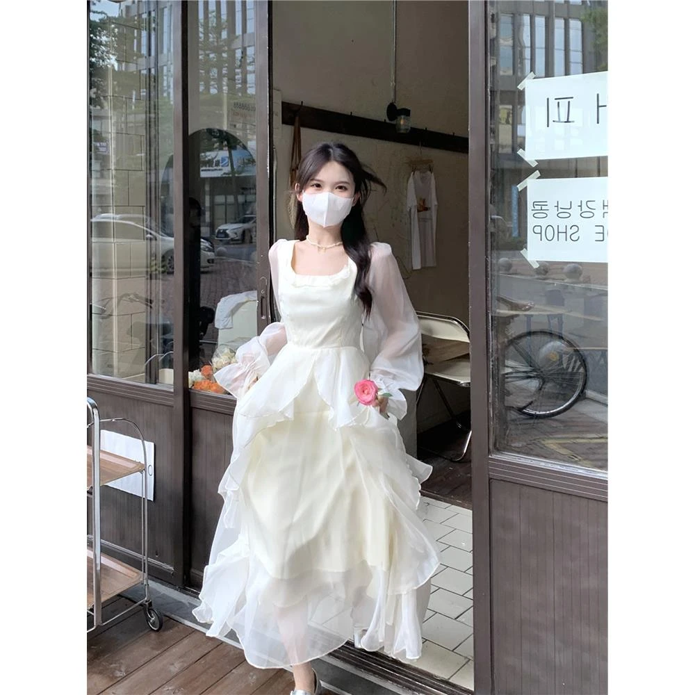 法式温柔风白色长袖神明少女连衣裙仙气超仙森系长裙海边度假仙女