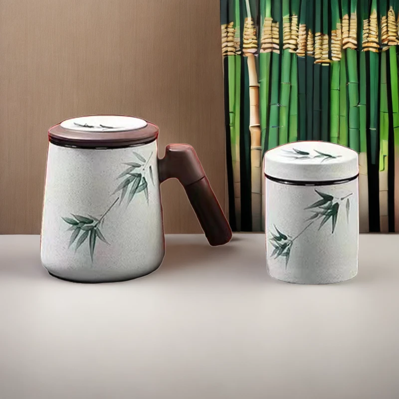 创意水杯家用高档大容量办公室茶杯手绘便携对杯带盖喝茶杯泡茶杯