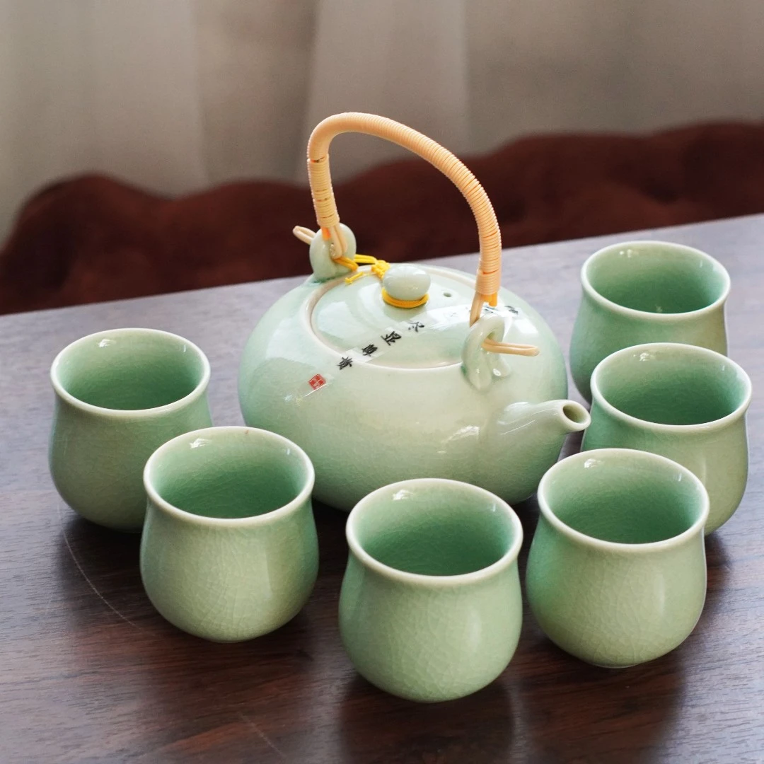 汝窑大容量提梁茶壶茶杯套装家用办公简约中式陶瓷高档盒装