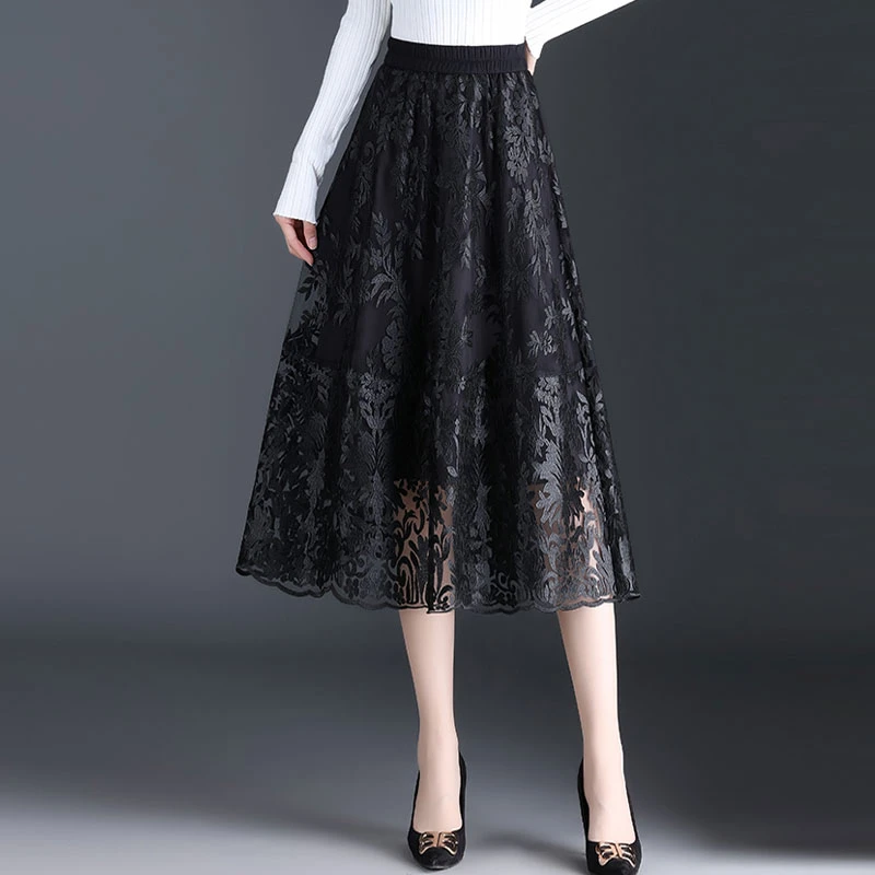 【鑫诗妮】新款中长款黑色蕾丝高腰显瘦百搭半身裙子夏款上档次