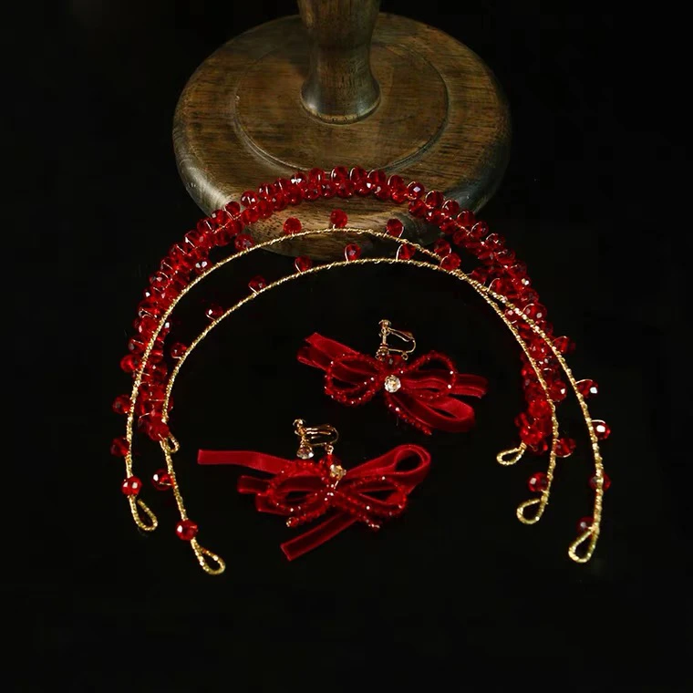 SG413新娘头饰时尚简约气质红色三层水晶发箍结婚发饰敬酒服配饰