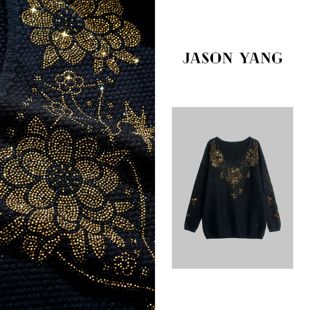 丽丽家 4419新款金色烫钻花卉V领毛衣