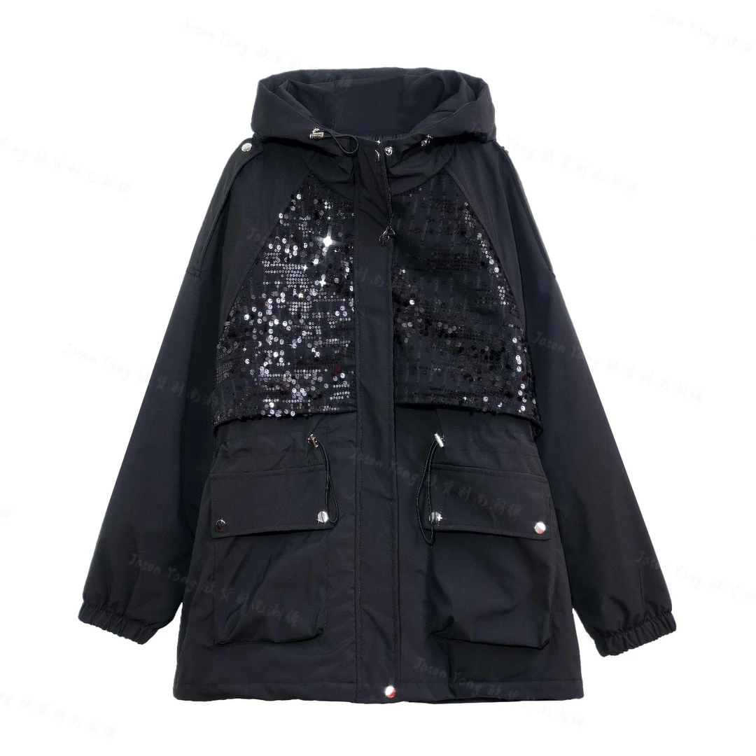 丽丽家 秋冬新款亮片黑色连帽收腰外套显瘦百搭