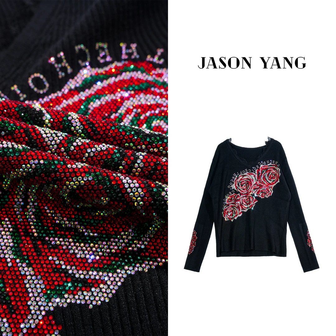 丽丽家  秋冬新款蕾丝拼接刺绣玫瑰毛衣打底衫