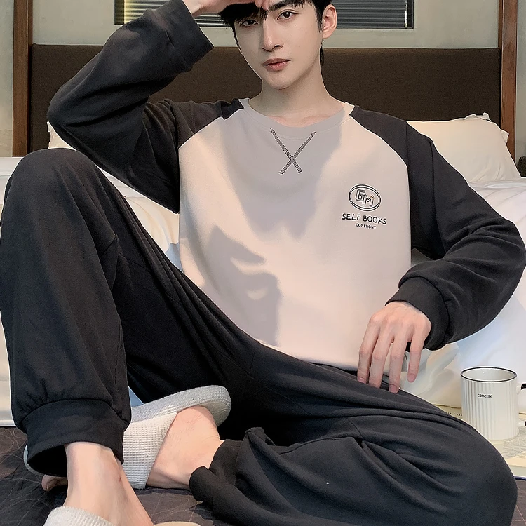 睡衣男秋冬新款深灰插肩GM德绒长袖长裤家居服套装-A205