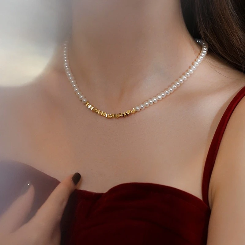 铜合金仿珍珠项链 碎银几两珠珠项链女法式复古小众高级感锁骨链