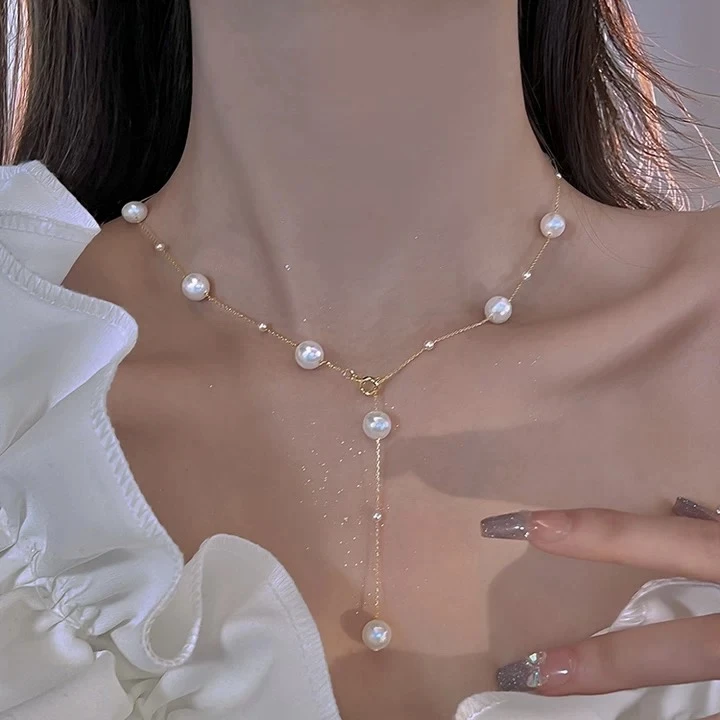 铜合金项链 多种戴法Y字仿珍珠流苏项链女小众设计高级精致锁骨链