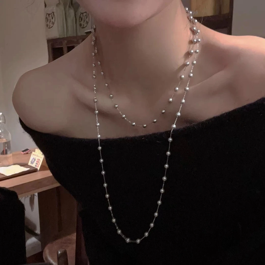 铜合金项链 满天星施家珠珠项链女轻奢高级感双层叠戴长款毛衣链