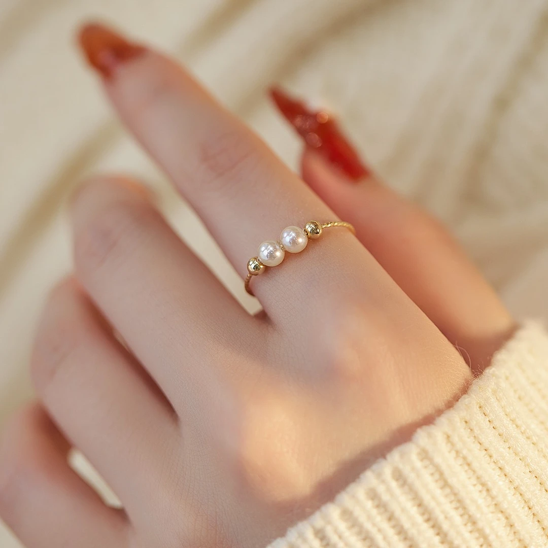 铜合金仿珍珠戒指 仿珍珠戒指女轻奢小众设计感开口可调节指环ins